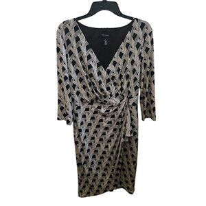White House Black Market Faux Wrap Black Cream Geometric Print Dress Sz 8